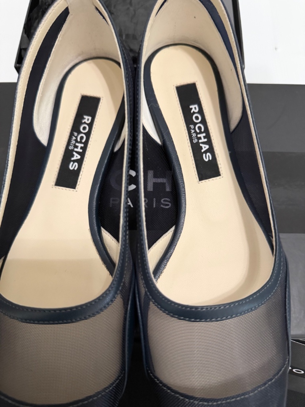 Rochas Paris Sheer Mesh Square Toe Ballet Flats - Navy Blue 37 - Picture 4 of 13